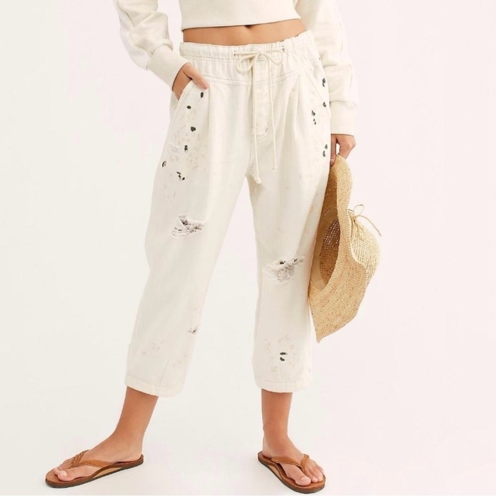 Free People Mixed Up Cropped Utility Pants Distressed Painter Button Fly XS